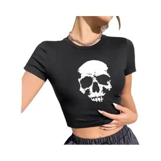 Camiseta Gótica Feminina Y2K com Caveira de Anjo - Manga Curta