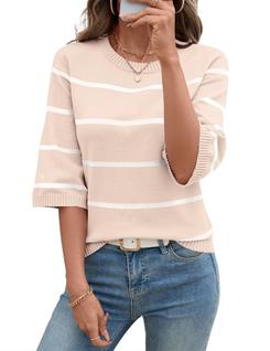 Camiseta LOMON, suéter de outono, 3/4, manga de sino, listrada L