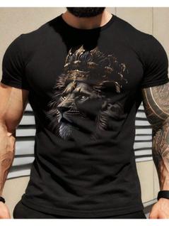 Camiseta Masculina Realeza Dourada - Estampa de Leão com Coroa Dourada em Algodão Preto