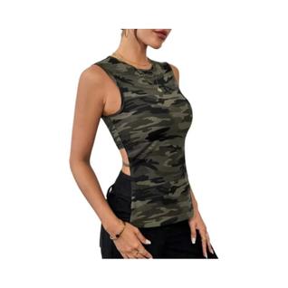 Camiseta Sem Mangas Em Camuflagem Para Mulheres, Casual De Verão, Fitness E Esportes, Com 