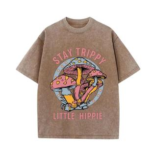 Camisetas Femininas De Algodão Lavado Para O Verão Com Estampa De Cogumelos, Estilo Solto,