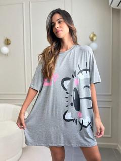 Camisola Feminina De Dormir Camisetão Verão Gatinho Cinza Noite