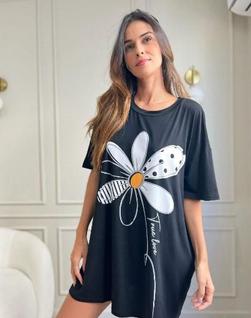 Camisola Feminina De Dormir Camisetão Verão Manga Curta Margarida Flor Noite