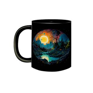 Caneca de Porcelana Preta Sol e Lua Surrealista Abstrata