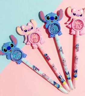 Caneta Stitch e Angel com Lantejoulas Escrita Azul
