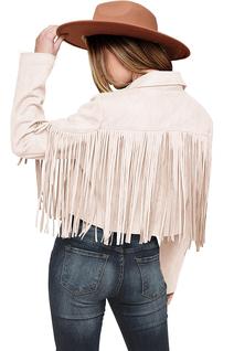 Casaco PRETTYGARDEN Feminino Jaqueta Cropped de Camurça Sintética com Franjas Bege P
