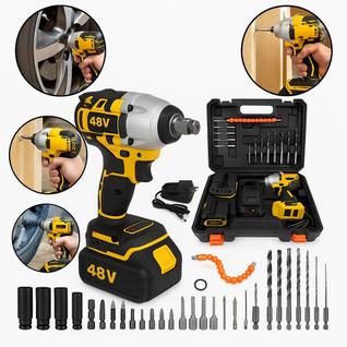 Chave de Impacto Sem Fio 48V Brushless com 2 Baterias Recarregáveis Bivolt Kit Completo co