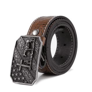 Cinto Masculino Couro Fivela Cruz Trabalhada Estilo Country de Estrela
