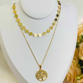 Colar Duplo Árvore da Vida Banhado Ouro 18k