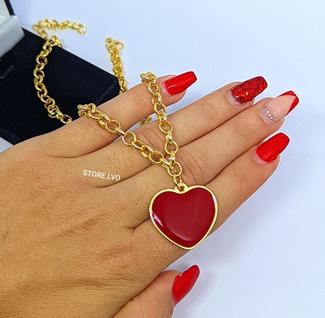 Colar Feminino Corrente Elo Português Folheado Ouro Dourado com Pingente Coração Vermelho 