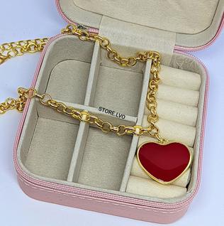 Colar Feminino Corrente Elos Português Folheado Ouro com Pingente Coração Grande Love Verm