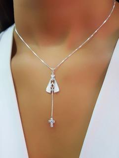 Colar Gravatinha Nossa Senhora com Cruz Zircônia Cristal Banhado a Prata