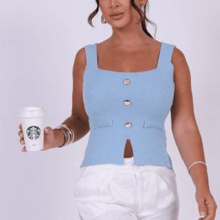 Colete Decote Quadrado Elegante Tricot Moderno Sofisticado Verão Dia a Dia