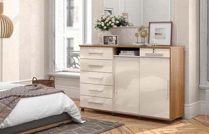 Cômoda Max 2020 2 Portas c/ Gaveteiro Suporte p/ Cabide Calçados e Maquiagem - Freijo/Off 