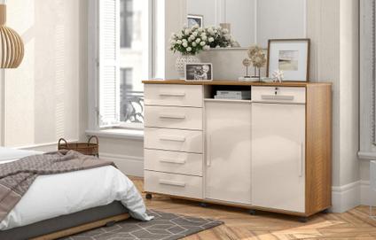 Cômoda Vega 2020 2 Portas c/ Gaveteiro Suporte p/ Cabide Calçados e Maquiagem - Freijo/Off