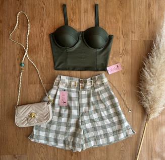 Conjuntinho casual, cropped + short xadrez