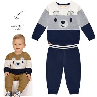 Conjunto Bebê Menino Milon em Moletom Peluciado Bordado Off/Marinho Tamanho:G