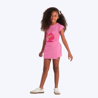 Conjunto Blusa Manga Curta Flor E Short-Saia Infantil Menina Brandili 26624 Rosa