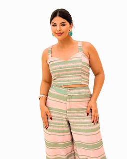 Conjunto Calça Pantalona e Cropped com Estampa Tropical