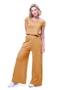 Conjunto color blusa e pantalona em crepe sustentável mostarda