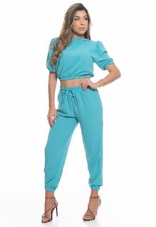 Conjunto Crepe Confortável Cropped Manga Curta E Calça Jogger Calor Verao Cores Tendencia