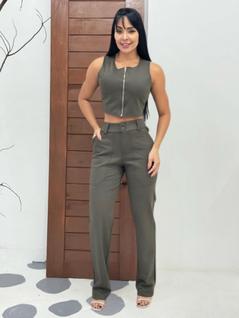 Conjunto Cropped Zíper e Calça Pantalona c/ bolso 9470