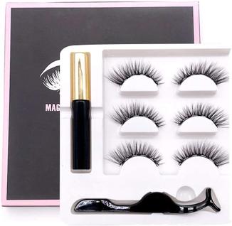 Conjunto de 3 pares de cílios postiços magnéticos com máscara de aplicação 3D + Delineador