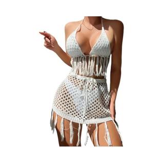Conjunto De Biquíni Crochê Sexy Para Mulheres Jovens Com Franjas, Roupa De Praia Para Féri