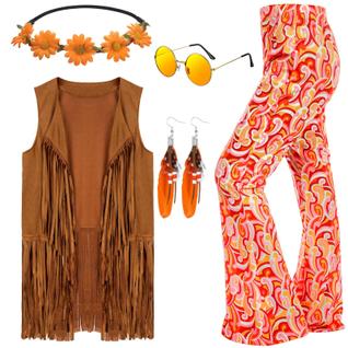 Conjunto de calças Costume Leumoi 70s para mulher com franjas de discoteca L