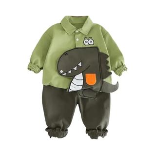 Conjunto De Camiseta De Algodão Com Estampa De Dinossauro E Calça Jeans Para Meninos De 1 