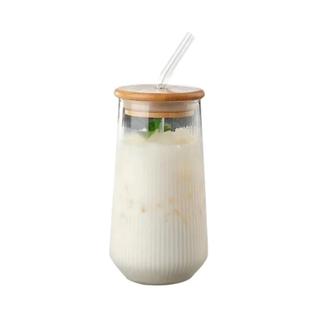 Conjunto De Copos De Vidro Com Listras Verticais, Tampa E Canudo Para Café, Leite, Suco, U