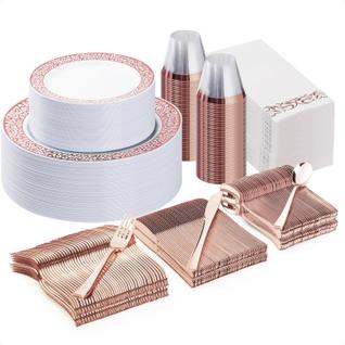 Conjunto de louças Bestluck Rose Gold Plastic 350 unidades para 50 convidados