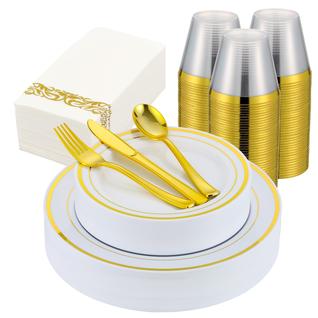 Conjunto de louças ISFANGCO Gold Plastic 350 unidades para 50 convidados