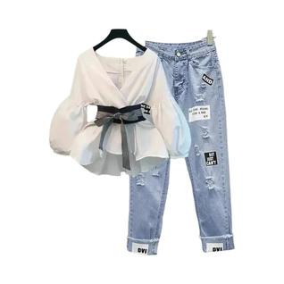 Conjunto De Moda Feminina De Outono Com Camisa Casual Solta, Colete E Calças Jeans De Pern