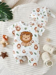 Conjunto De Moletom Com Capuz E Calções Para Bebê Menino Com Estampa De Leão De Desenho An