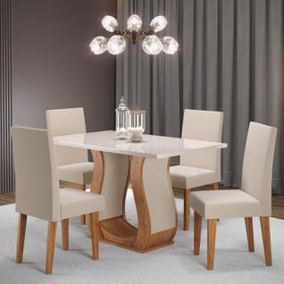 Conjunto De Sala De Jantar Com Mesa 120x80cm Tampo Em Vidro E 4 Cadeiras Cor Mel/Off White