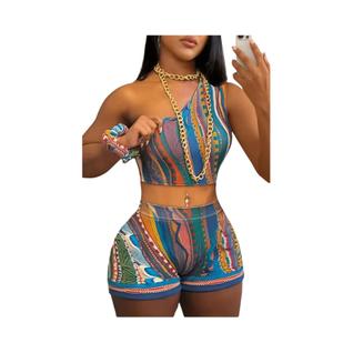 Conjunto De Verão Feminino Com Top De Um Ombro E Calças Curtas Em Estampa Listrada E Paisl