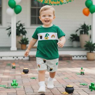 Conjunto De Verão Para Bebês Meninos Com Camiseta Bordada Com Arco-íris E Trevo E Shorts L
