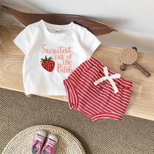 Conjunto De Verão Para Meninas Pequenas, Top Com Estampa De Morango E Shorts Listrados, 2 