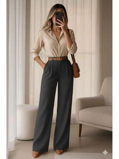 Conjunto Elegância Executiva Calça Pantalona Camisa Social Listrada look de autoridade par