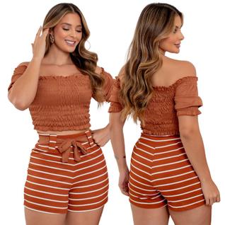 Conjunto Feminino Cropped Com Mangas Ombro a Ombro e Short Ajustável Listrado