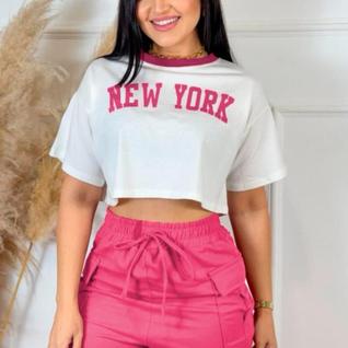 Conjunto Feminino Cropped Estampa New York e Shorts Verão