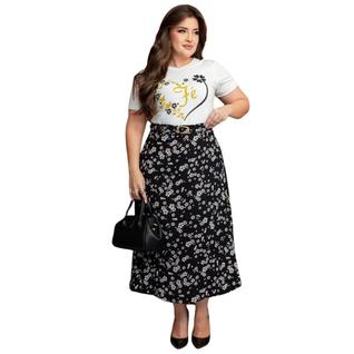 Conjunto Feminino Moda Evangélica Casual  Saia Midi com Cinto Blusa Estampada em Viscolycr