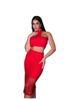 Conjunto Feminino Saia Midi e Cropped Renda