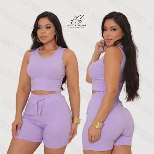 Conjunto feminino short e blusinha cropped nadador em malha canelada conforto e qualidade 