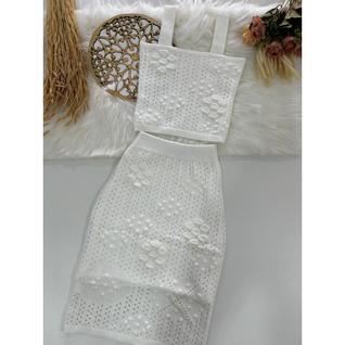 Conjunto Feminino Tricô Modal Premium Saia e Cropped Ponto Crochê c/ Forro Moda Verão Real