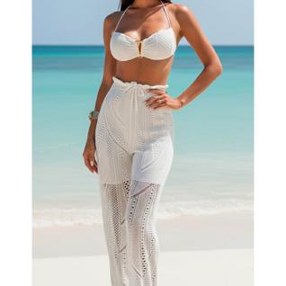 Conjunto Feminino Tricot Calça Pantalona E Top Crochê Saída De Praia Verão 2026 - 3447