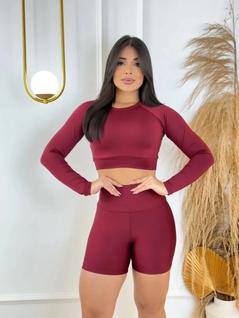 Conjunto Fitness Academia Short E Top Cropped Manga Longa Marçala