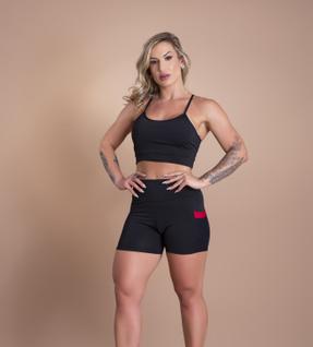 Conjunto Fitness Feminino Short Cintura Alta Com Bolso Tela E Top Cropped Alcinha Moda Aca