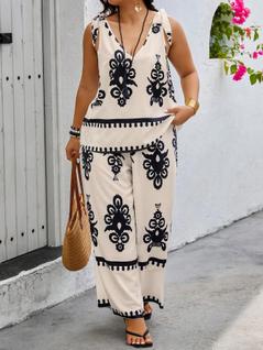 Conjunto Floral plus Size De Duas Peças: Colete Confortável Com Decote V E Cadarço, Calça 